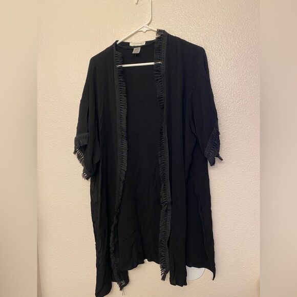 Treasure & Bond black boho fringe trim beachy coastal kimono swim coverup top OS - Picture 1 of 15